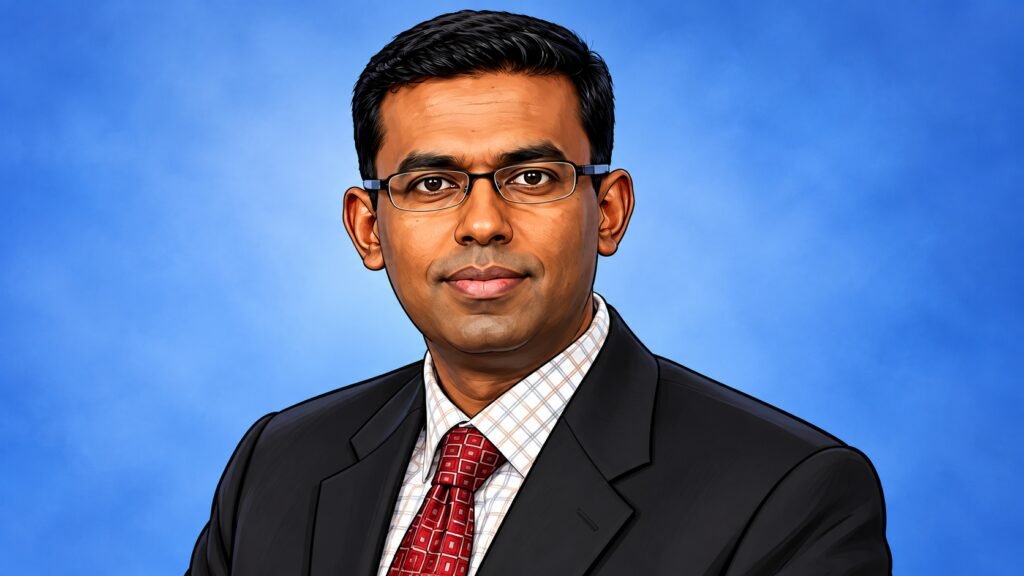Caricature portrait of Raj Dhamodharan, executive vice president for blockchain and digital assets at Mastercard. Alt text: “Raj Dhamodharan, executive vice president for blockchain and digital assets, Mastercard