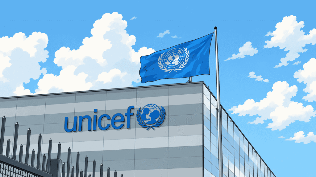 Caricature image of UNICEF Building Beneath a Waving UN Flag 